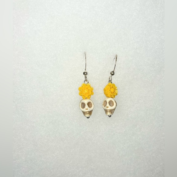 Dainty Skull Day of the Dead Earrings with Yellow Roses - Picture 2 of 6
